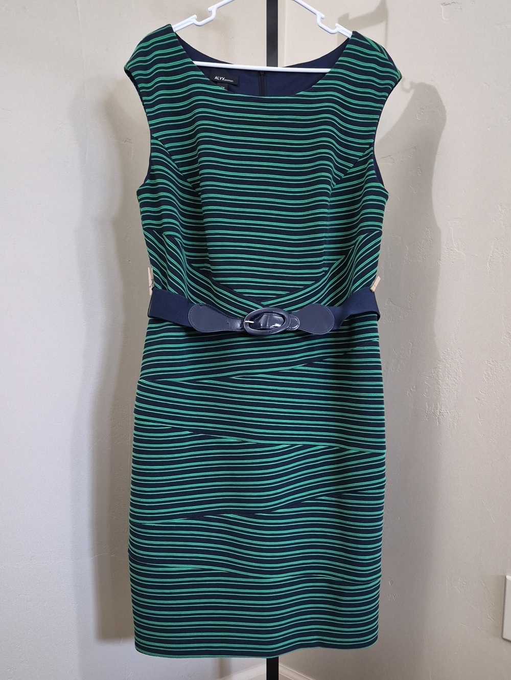 Alyx Woman Green and Navy Striped Sheath Dress with Elastic Belt Size 18W